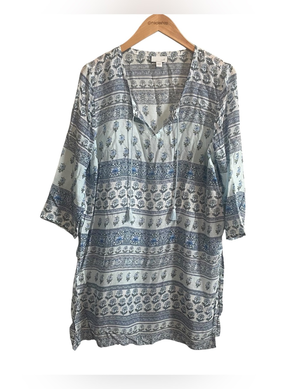 J.Jill Lightweight Blue Floral Semi Sheer Breezy Coastal Tunic Top Size Large